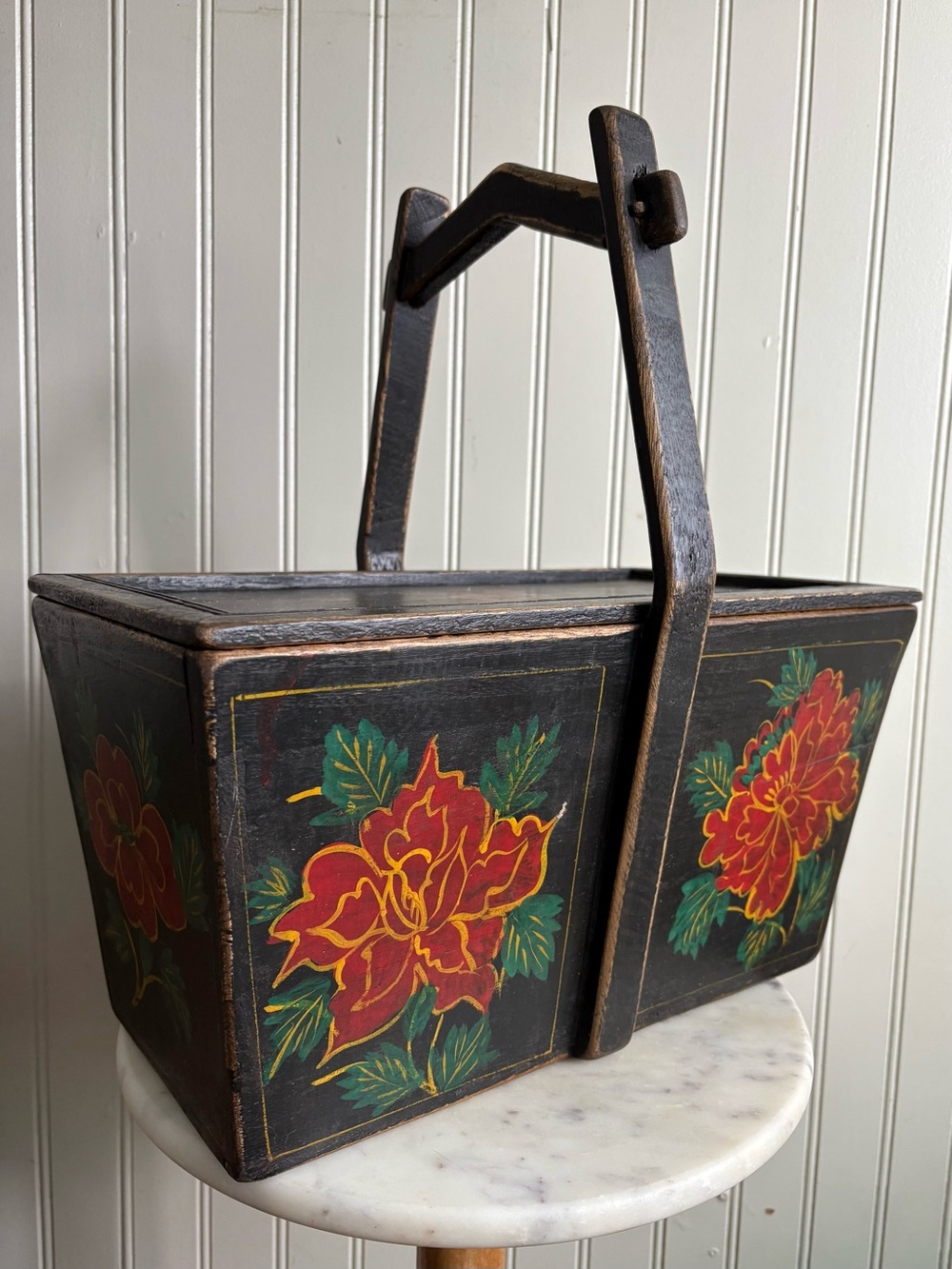Antique Chinese Wooden Wedding Box Basket/Rice Harvest Bucket Vintage VTG Floral